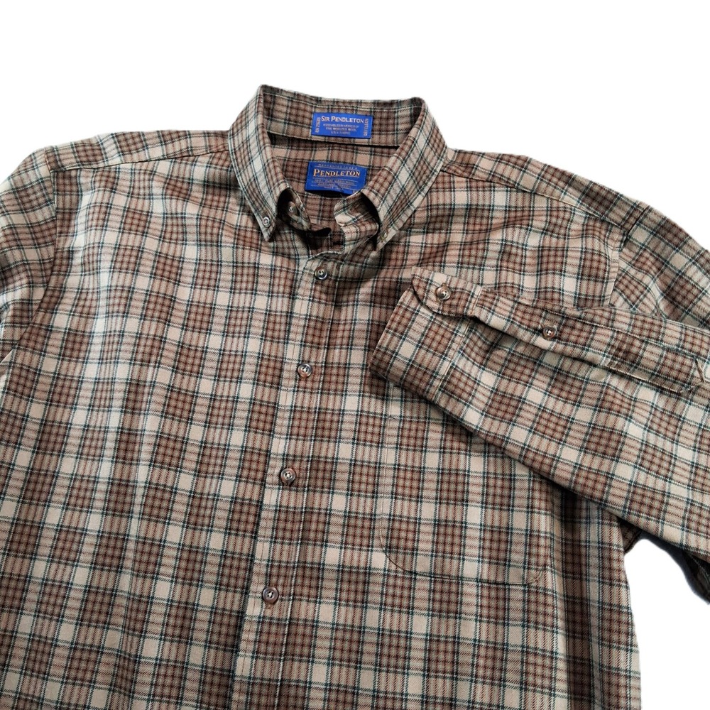 Pendleton Mens‎ Button Down Shirt L Brown Plaid Sir Pendleton Worsted Wool
